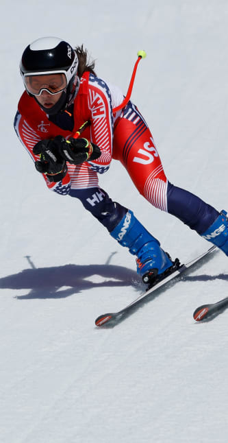 Jesse Keefe competes during a Downhill Standing training session ahead of the Beijing 2022 Winter Paralympics.